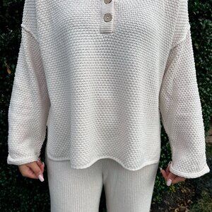 Women's Cream Colored Waffle Knit Sweater with Buttons in Size Large